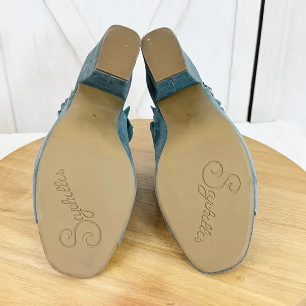 Seychelles by Anthropologie Sightseeing Suede Slingback Peep Toe Heels‎ Teal 9 - Image 8