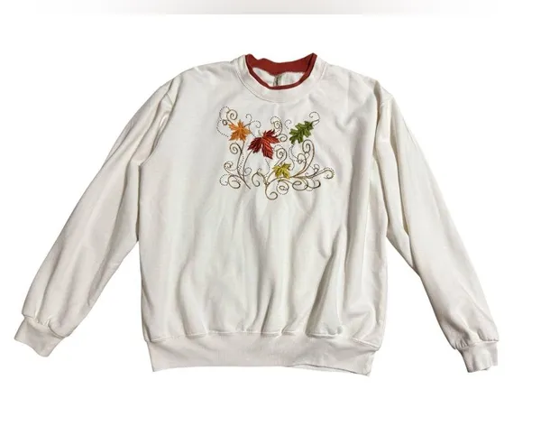 🍂 Cozy Fall Multicolor Leaf Embroidered Sweatshirt with Bead Embellishments 🍁 L - Image 6