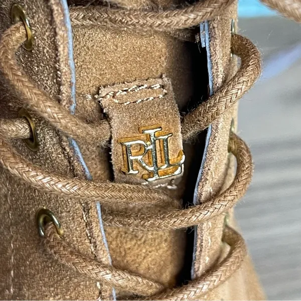 Lauren Ralph Lauren Carlee suede tan combat lace-up boots fauxshearling 8.5 New - Image 11