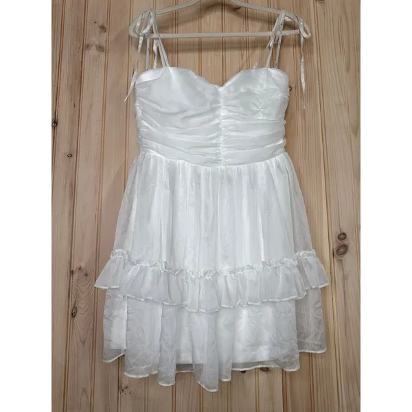 NWT Lulus Angelic Approach White Chiffon Ruffled Tie-Strap Mini Dress Party Sz L - Image 2