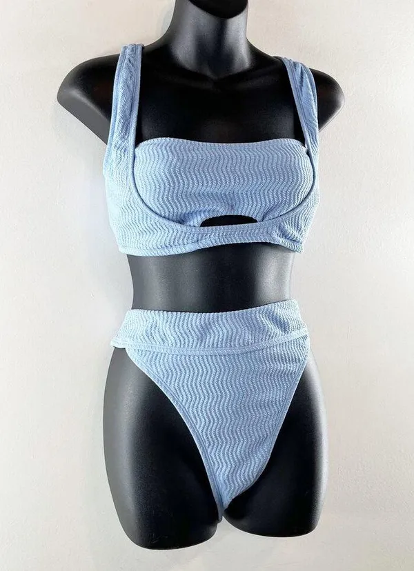 Cupshe Sporty Lace-Up Back Bikini Bralette Mid-Rise Bottoms Set Blue Large - Image 8