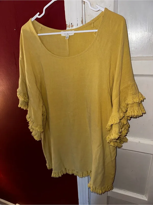 UMGEE Mustard Yellow Linen Cotton Fringe Ruffle Sleeve Boho Blouse Top XL - Image 5