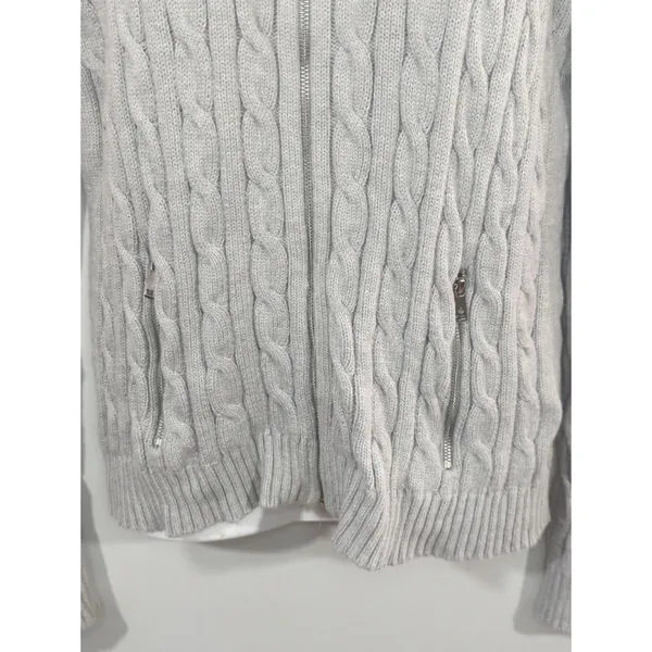 Lauren Ralph Lauren Light‎ Gray Cable Knit Zip Up Sweater Womens MED CabinCore - Image 3