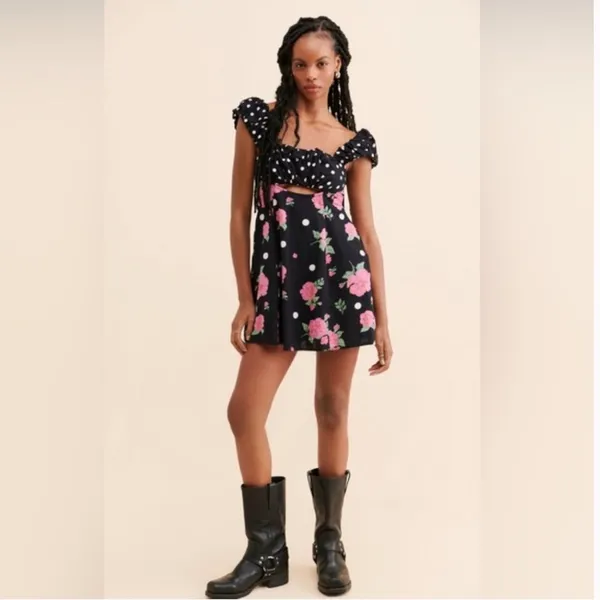 Free People bom bom mini dress in black and pink - Image 2