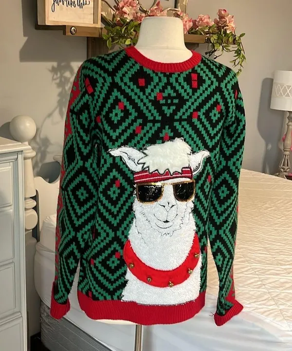 Christmas Jolly Sweater Llama Jingle Bell Green Red Sequins Ugly Oversized - Image 8