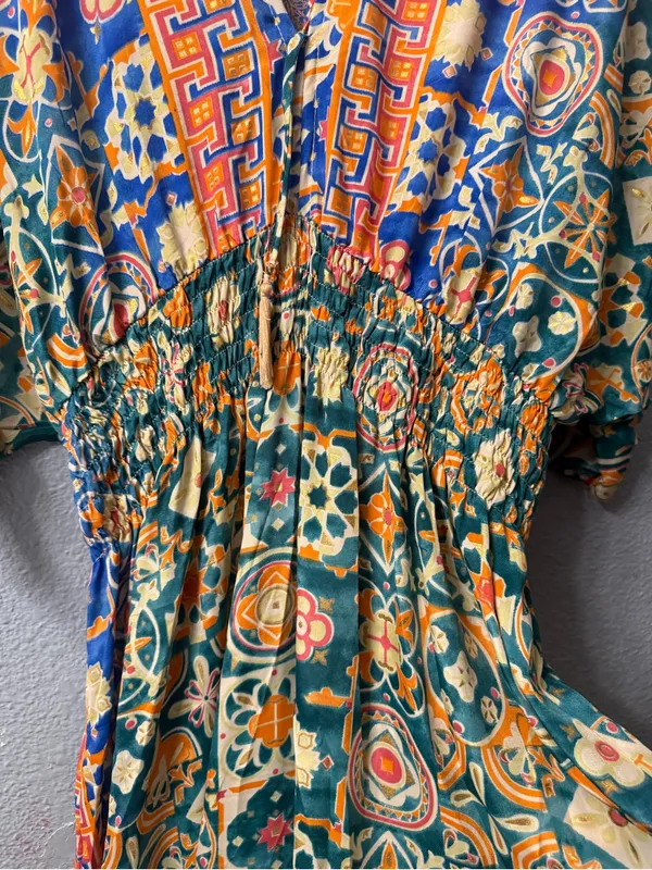 Floral silk maxi dress Geo-Print V-Neck in Teal and Orange nwt - Image 6
