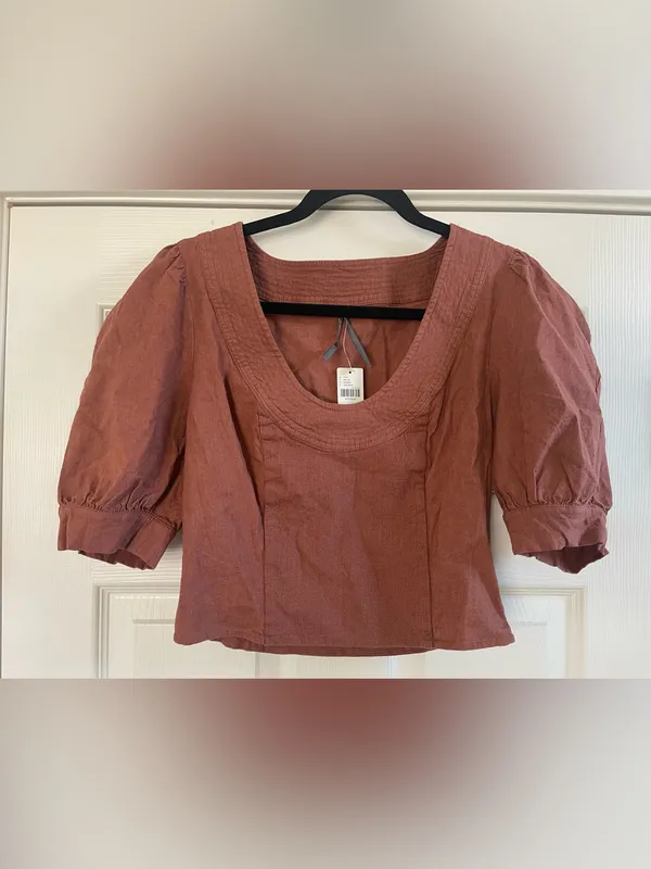 NWT Anthropologie Scoop Neck Puff Sleeve Linen Blend Cropped Blouse Top Size S - Image 4