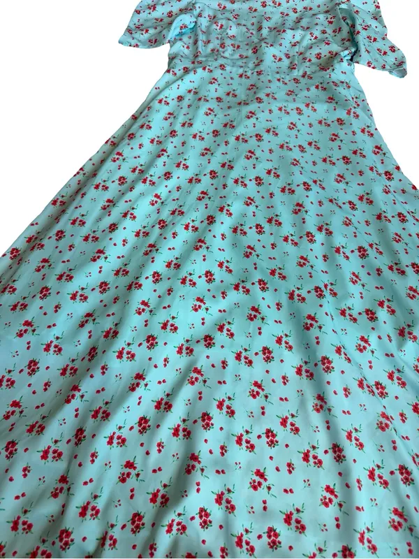 Galon De Blanc Aqua Floral Puff Sleeve Maxi Dress V Neck Ditsy Size 6 Women's - Image 7