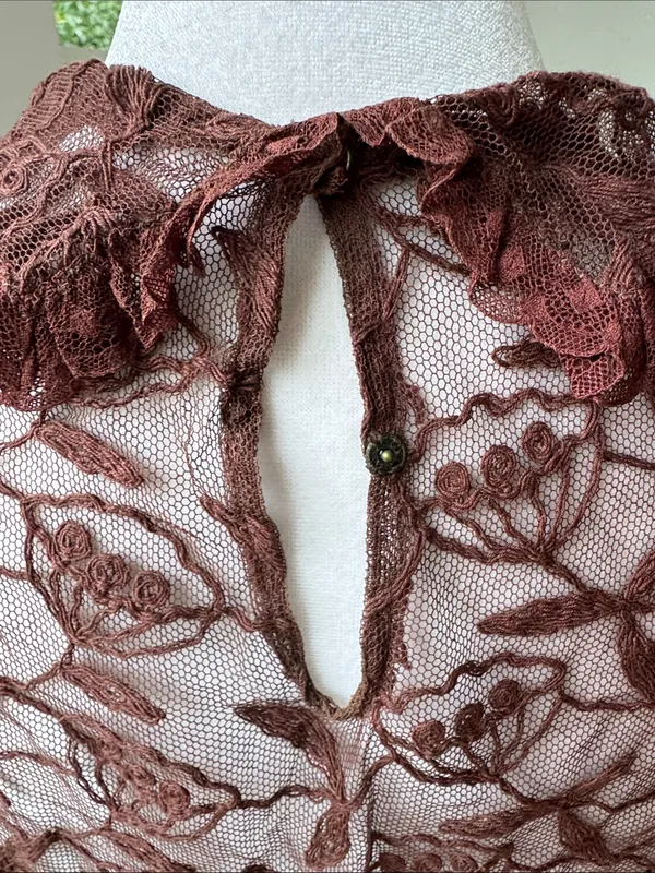 Vintage Brown Floral Lace Ruffle Blouse - Image 5