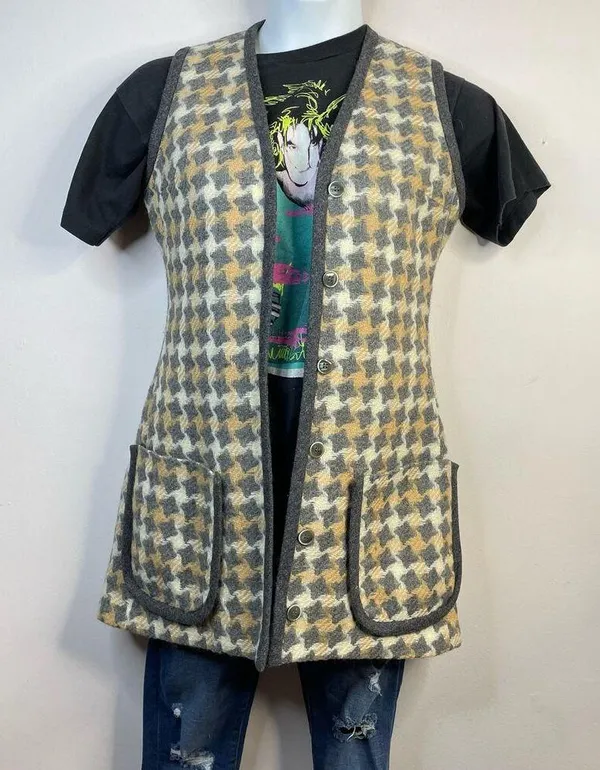 Vintage 60s 70s Patty Woodard Wool houndstooth Plaid Long mod Vest womens 10 S M - Image 9