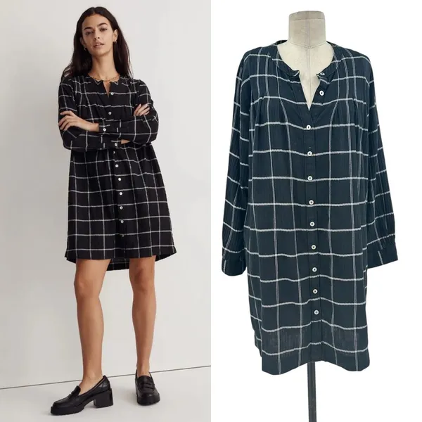 Madewell Collarless Shirtdress in Windowpane True Black‎ Size Medium - Image 2