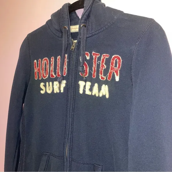 Hollister Y2K Navy Blue Zip-Up Hoodie Sweater Women Size M Embroidered Logo - Image 2