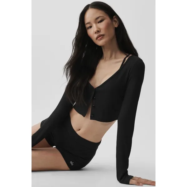 Alo Yoga Ribbed Cropped Whisper Cardigan Black Button Front XS - Image 5