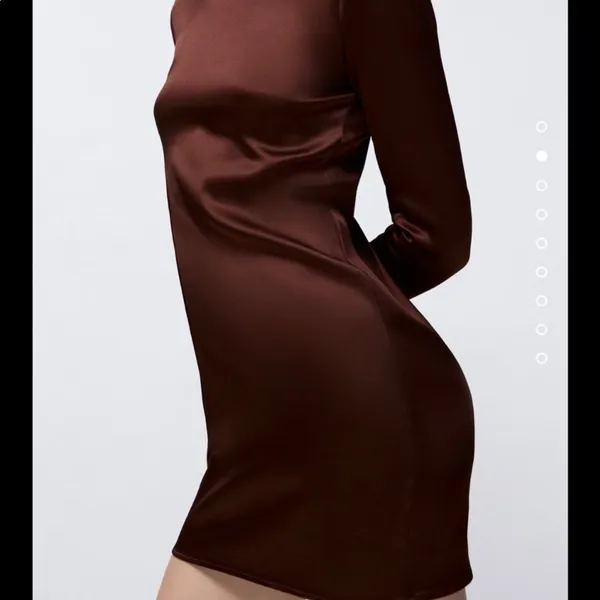 Zara Brown Satin Mini Dress Size M‎ Long Sleeve Keyhole Back Chocolate Burgundy - Image 4