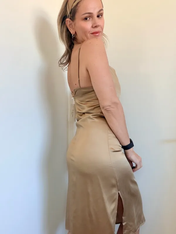 Almina Concept Draped Slip Dress in Camel Tan - Image 3