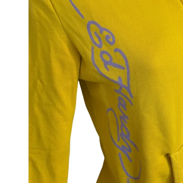ED HARDY Rare Vintage Y2K Yellow Rhinestone Cross Heart Graphic Zip Up Hoodie XS - Image 4