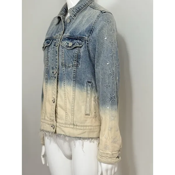 BLANKNYC Denim Jacket Ombre Dip Dye Star Embroidered Distressed Trucker Size XS - Image 3