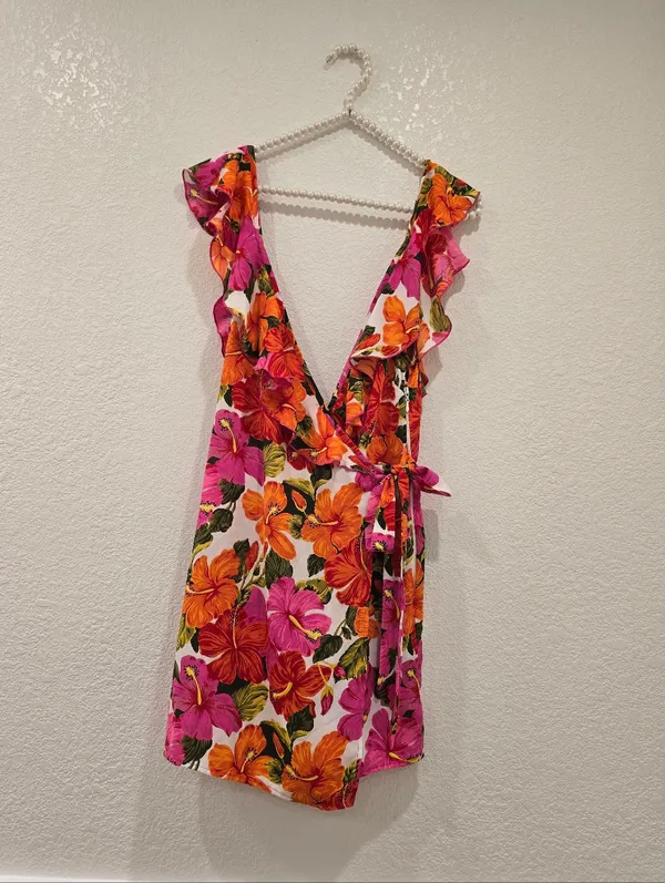 Show Me Your Mumu Raquelle Romper Floral Bold Tropical Print Ruffle Trim Small - Image 2