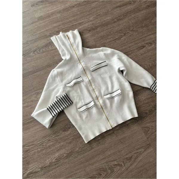 Marc New York Turtleneck Sweater Womens M Ivory White Full Zip Black Stripe Knit - Image 3