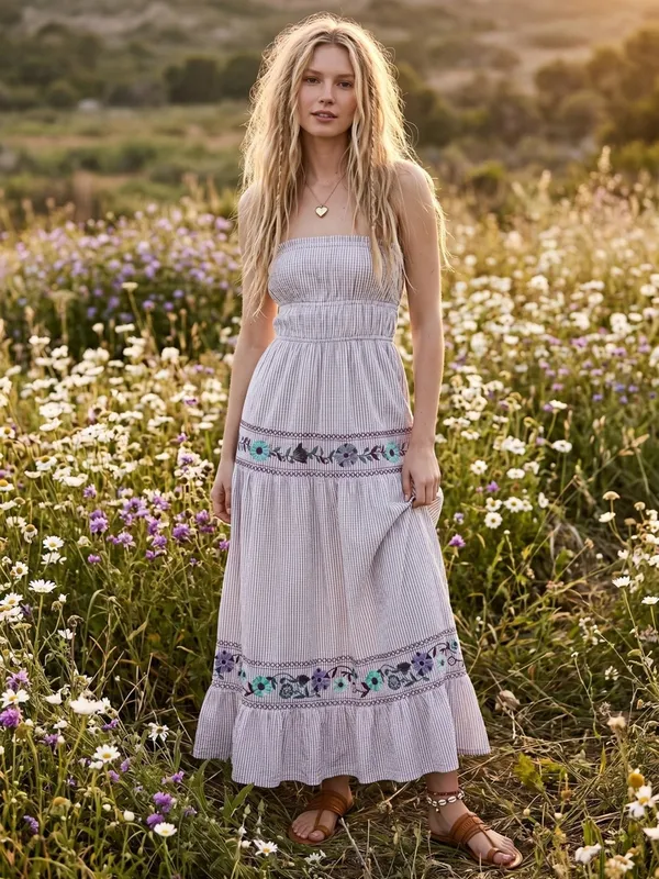 Free People Bohemian Embroidered Floral Kalani Strapless Midi Dress Size XL - Image 2