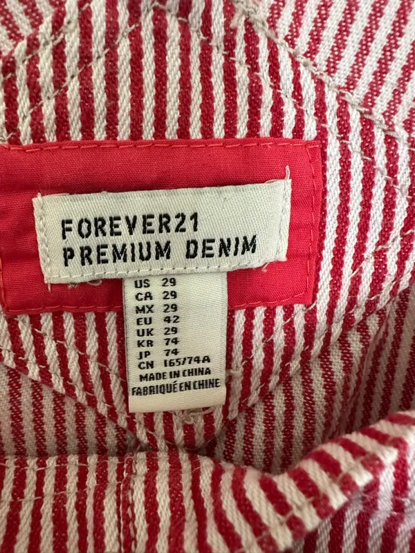 Forever 21 Y2K Red and White Striped Denim‎ Overalls Shorts Women’s Sz 29 - Image 4