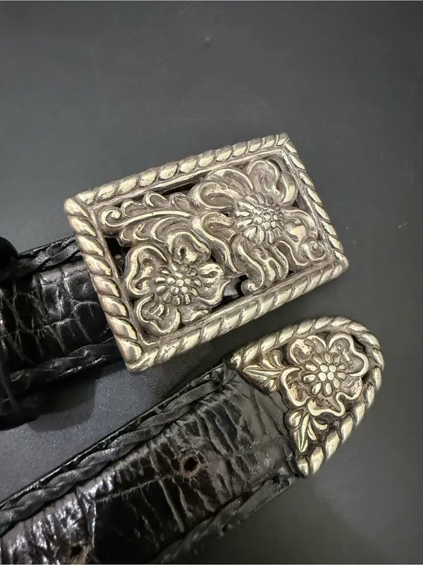 Vintage BRIGHTON 97033 Black Embossed Croc Leather Floral Buckle Belt Size ML 32 - Image 12