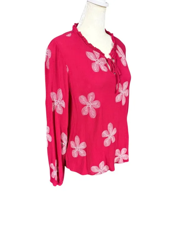 Maurices pink floral embroidered long sleeve keyhole ruffled neckline top M - Image 2