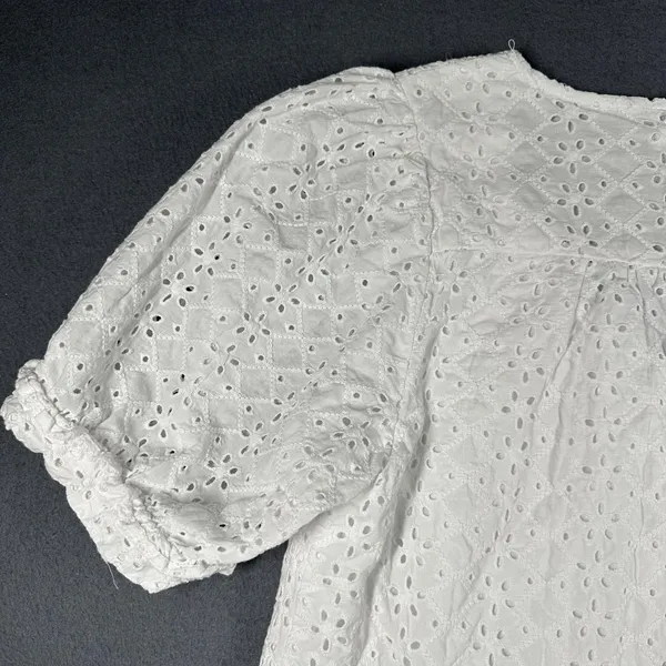 Draper‎ James Blouse Womens Medium White Eyelet Puff Sleeve V Neck Cotton Top - Image 13