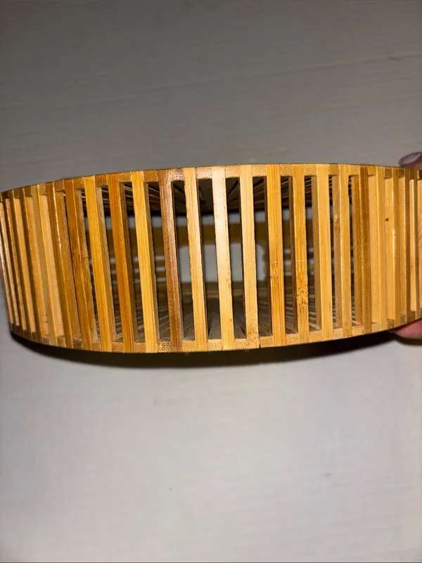 Tan Bamboo Structured Slat Handbag Fan Shaped Semi Circular Design Top Handles - Image 7