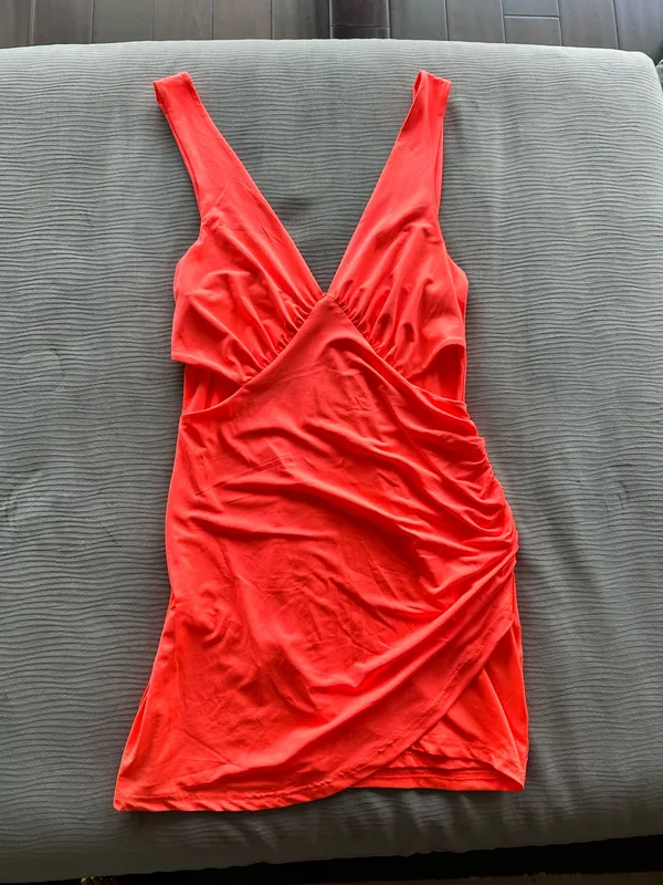 Neon Coral Ruched Cutout Mini Dress - Image 2