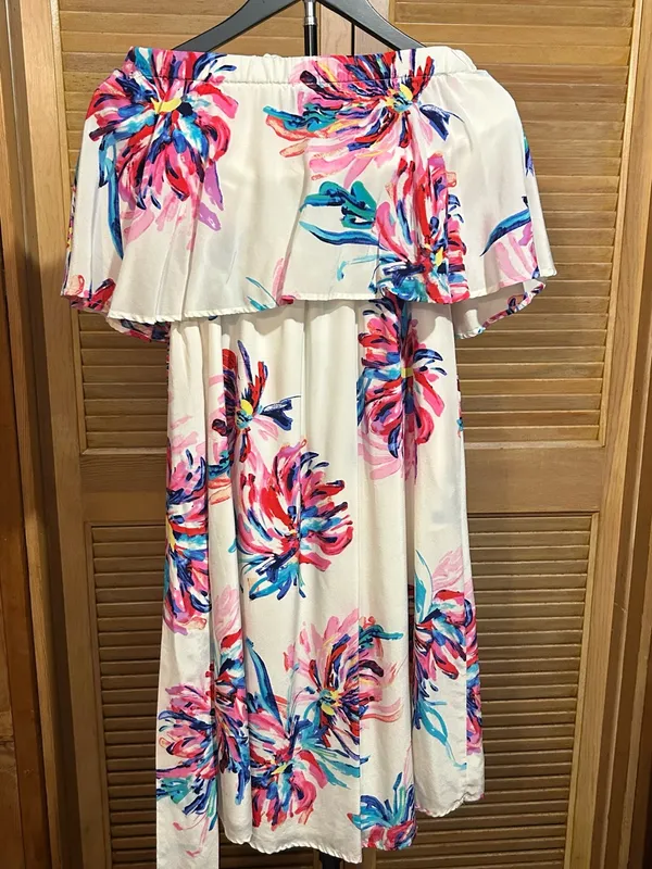 Yumi Kim Silk Strapless Floral Ruffled Dress in White, Pink & Blue Size XS - Image 7