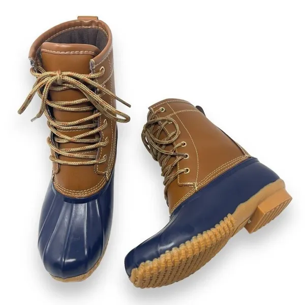 Khombu Letty Tan Leather Blue Rubber Lace Up Lined Winter Duck Boots Size 5M - Image 11