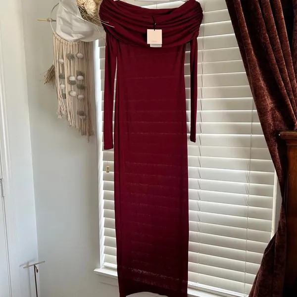 Superdown Burgundy Chantal Off Shoulder sheer gown Maxi dress Small Formal - Image 2