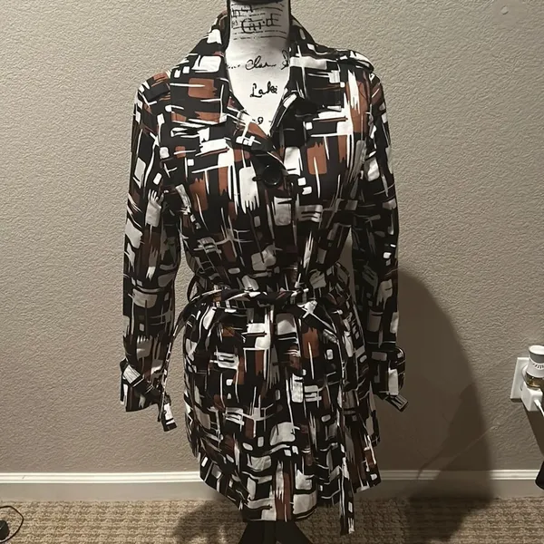 Appraisal Retro style tie front Trench Rain Coat Black Brown White Abstract sz M - Image 2