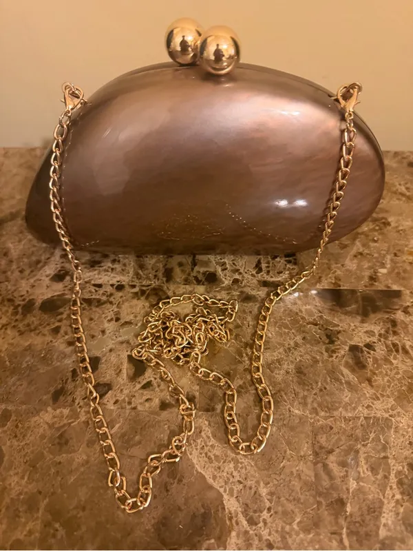 Hard Case Gold-Accented Brown Evening Clutch with gold Chain Strap - Image 4