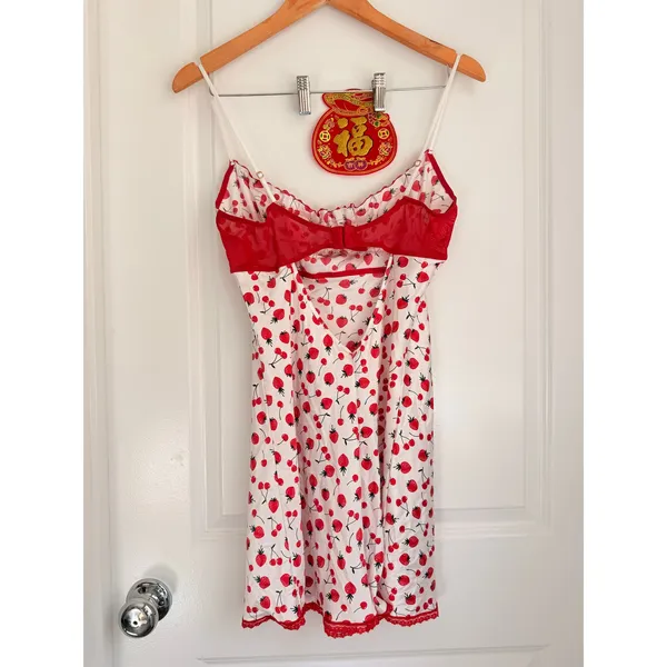 Frankie's Bikinis x Pink‎ Sailor RARE Satin Strawberry Dress Med Spring Summer - Image 2