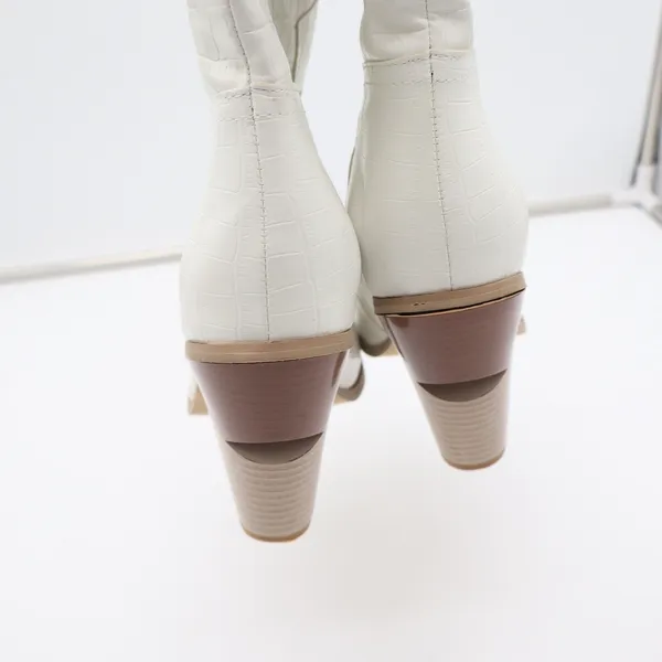 White Croc Embossed Pointed Toe Architectural Block Heel Tall Boots Size 10 41 - Image 6