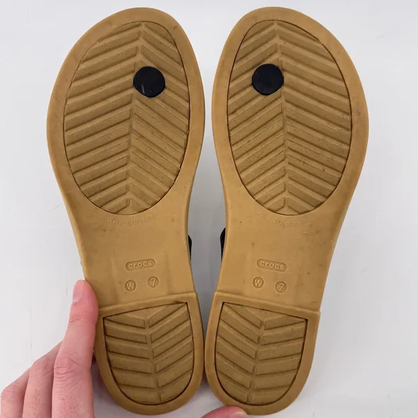 Crocs Tulum Toe Post Sandal Black Tan Women 7 Strappy Slip On Flip Flop Buckle - Image 9