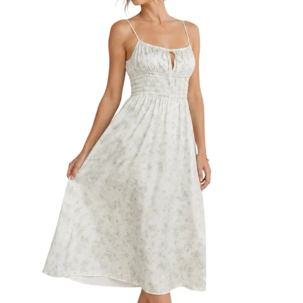 NWOT ASTR‎ The Label Floral Satin Smocked Midi Dress Size Large Cream Blue Slip - Image 3