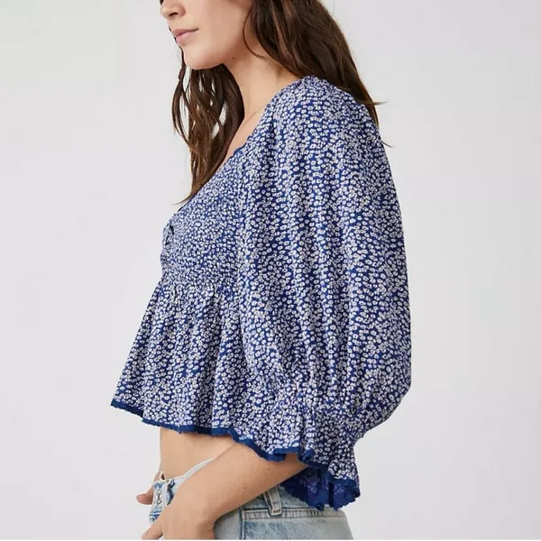 Free People Brittnee Printed Top Blue Floral - Image 3