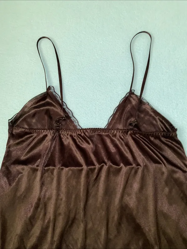 Unbranded satin silky floral lace front panel slip lingerie chemise black size M - Image 5