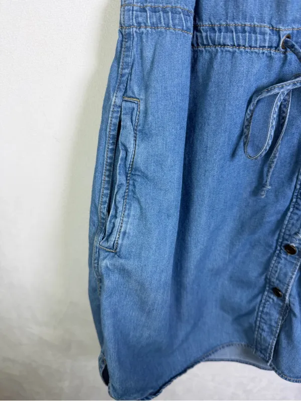 PAIGE Women’s Chambray Denim Boho Shirt Dress Drawstring Waist Pockets Blue Sz S - Image 5
