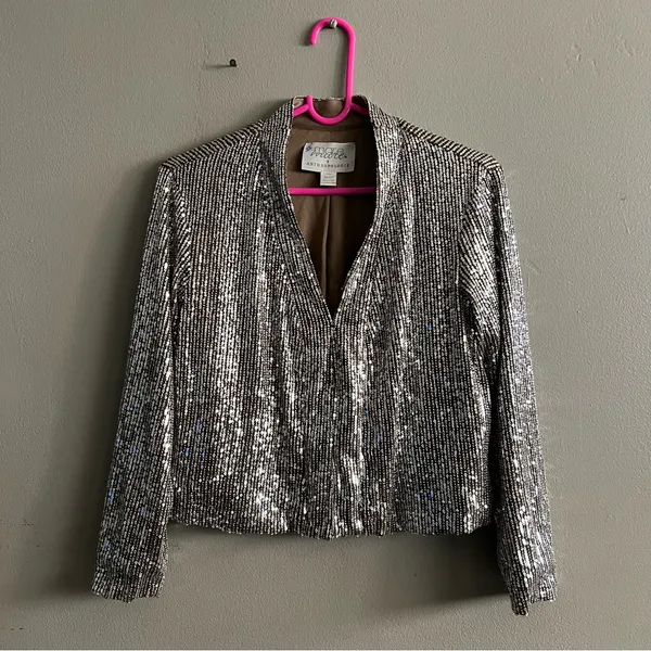 Women's Anthropologie Mare Mare Taupe Silver Sequin Open Jacket XXS Petite - Image 2