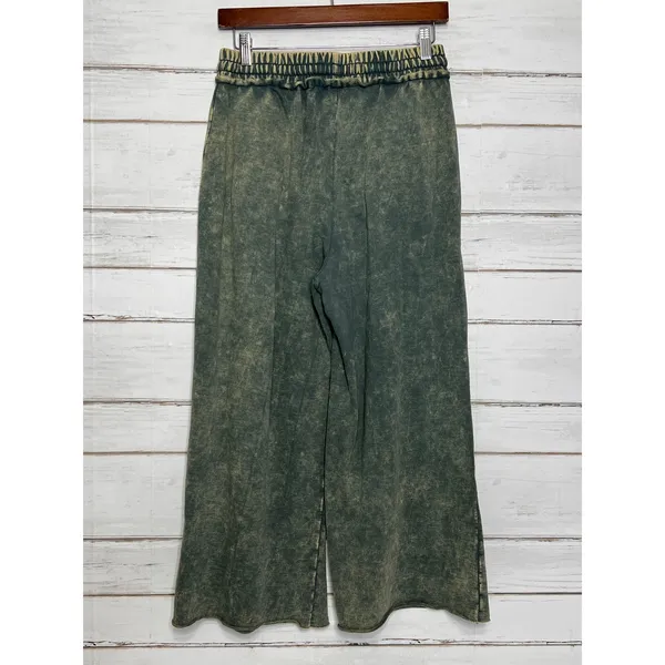 Zenana Acid Washed French Terry Palazzo Pants Small Olive Green Drawstring - Image 3