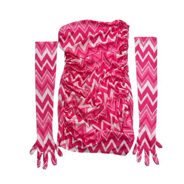 Miscreants Pink Zig Zag Strapless Mini Dress w Matching Gloves US 10/ UK 12 - Image 3