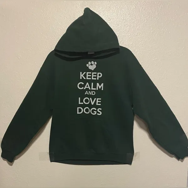 Keep Calm and Love Dogs Hoodie Green Gildan Pullover Sweatshirt Medium - Image 2
