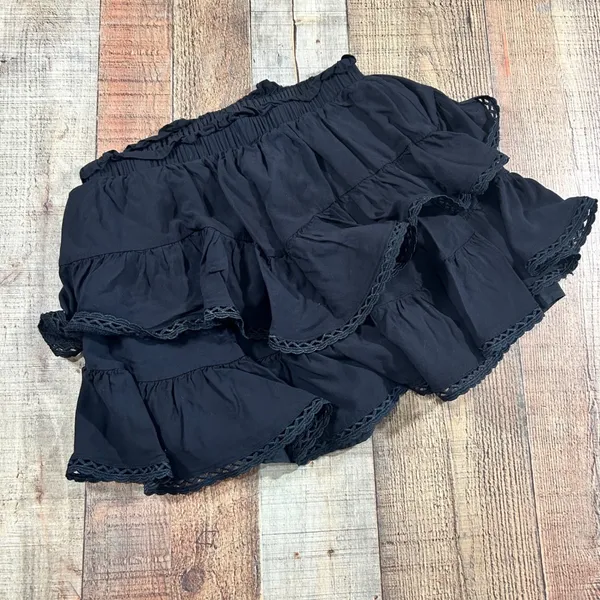 Black Ruffle Skort Shorts Tiered Boho Festival Lace Trim Rayon Mini Small - Image 3
