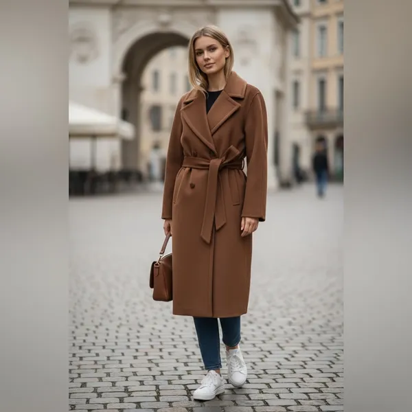 NWT Bernardo Double Breasted Wool Blend Belted Maxi Coat In Color Tobacco SZ-1X - Image 3