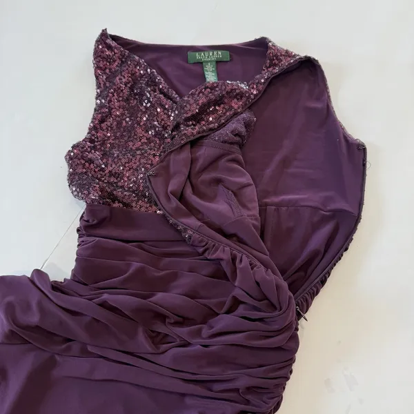 Ralph Lauren Purple Sequin Cowl Ruched Sleeveless Stretch Maxi Gown Dress Size 4 - Image 5