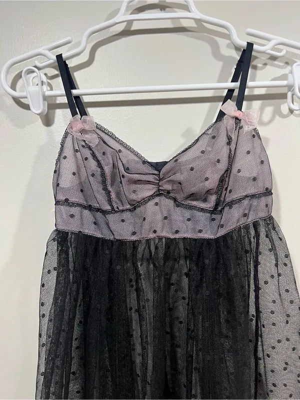 Victoria's Secret Black & Pink Sheer Polka Dot Babydoll Chemise Size Small - Image 2